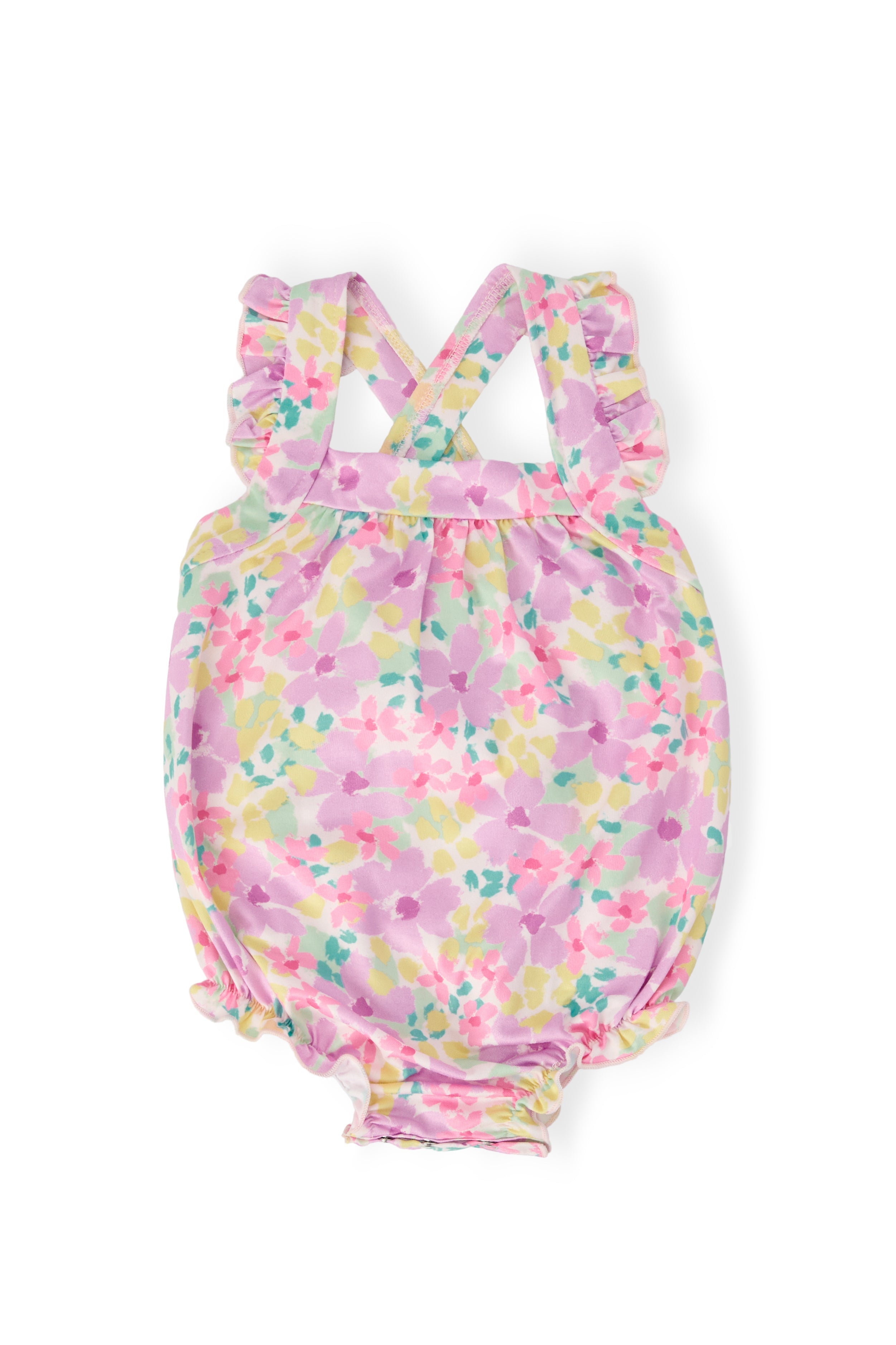 Mila & Rose ® Summer Watercolor Ruffle Cross Back Romper — main product shot