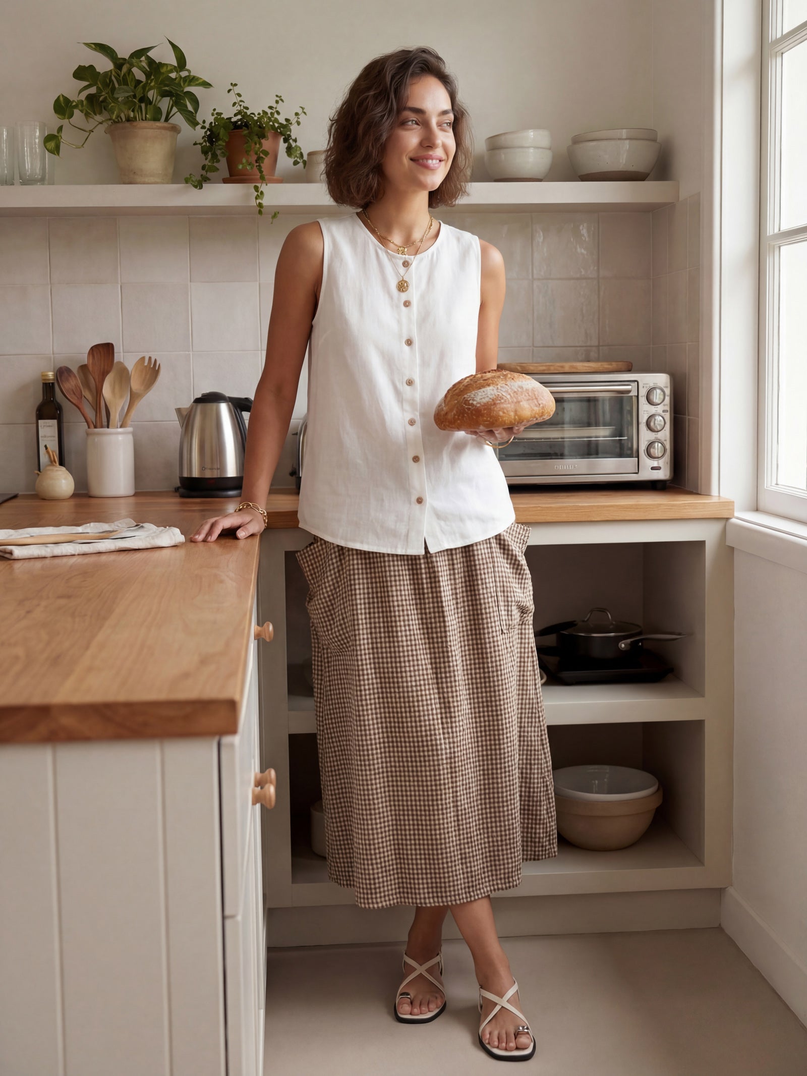 LINTICO Linen Checked Elastic Waist Skirt MARINA — detail shot 9