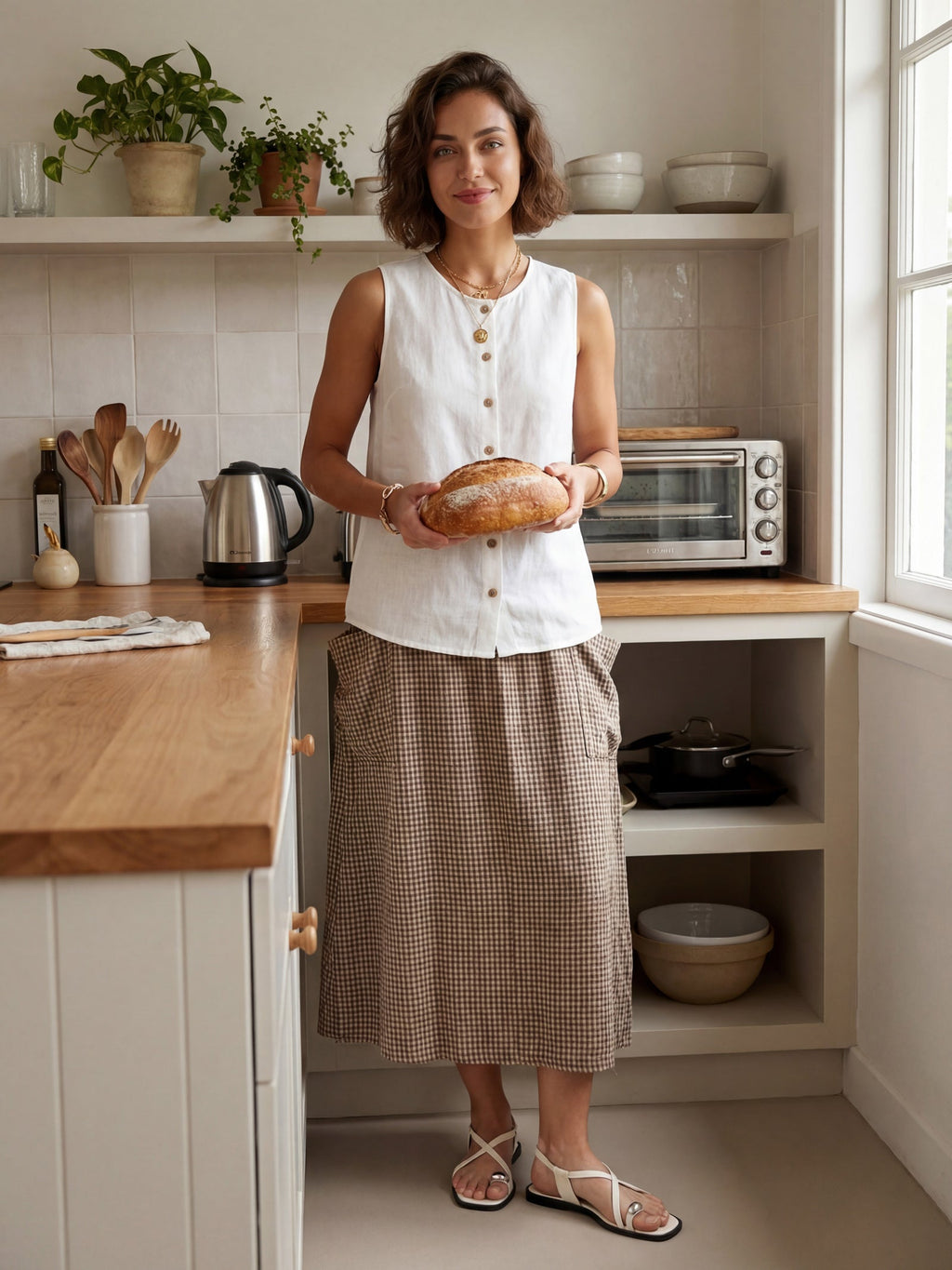 LINTICO Linen Checked Elastic Waist Skirt MARINA — detail shot 8