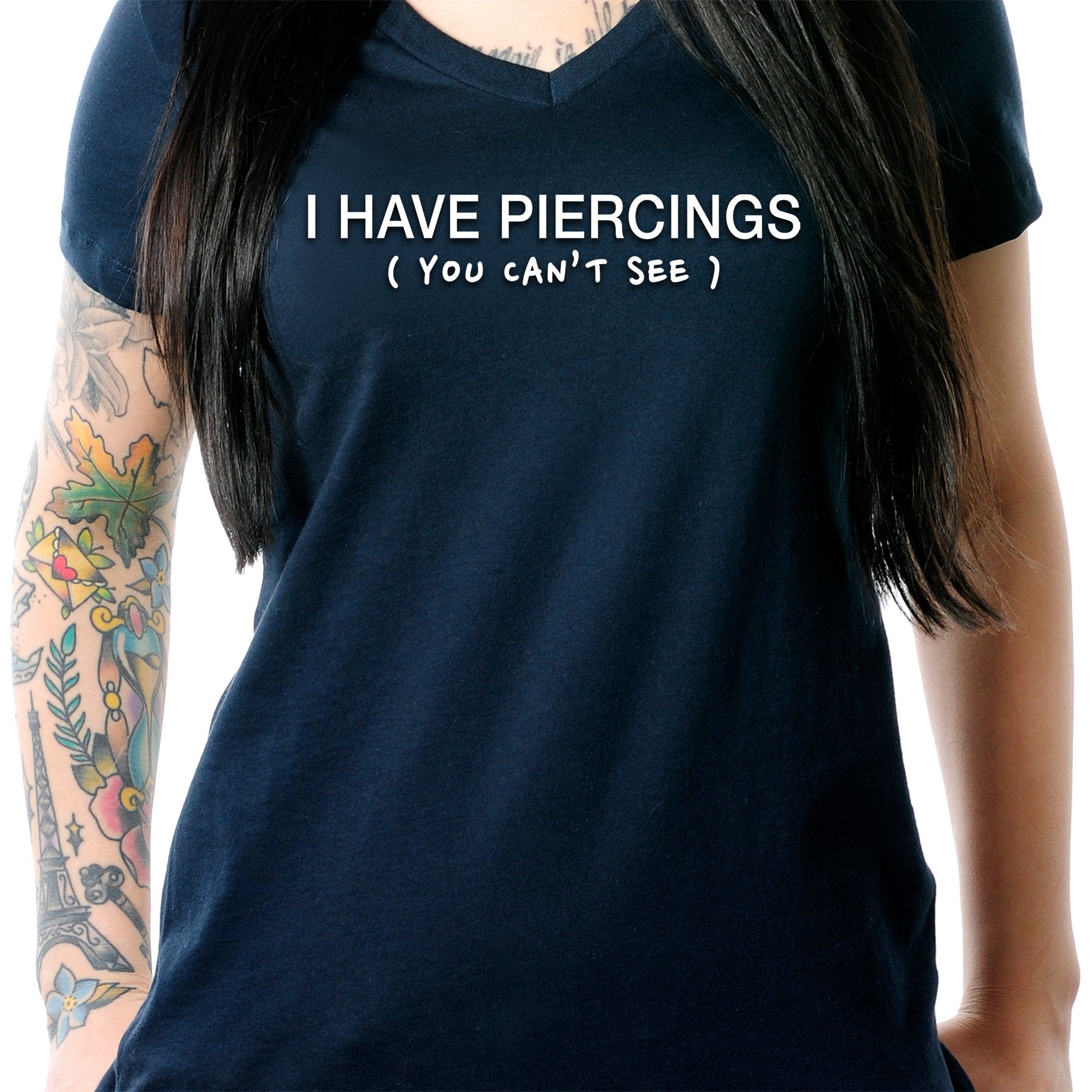 BodyCandy I Have Piercings You Can't See Black Tapered V-Neck Tee Shirt — scale reference