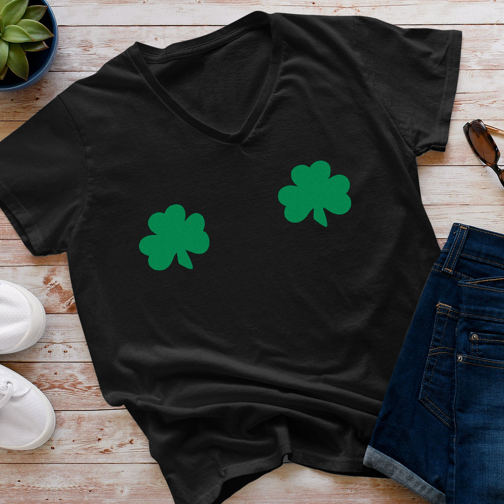BodyCandy Lucky Green Shamrocks Black V-Neck Boobies Tee Shirt — main product shot