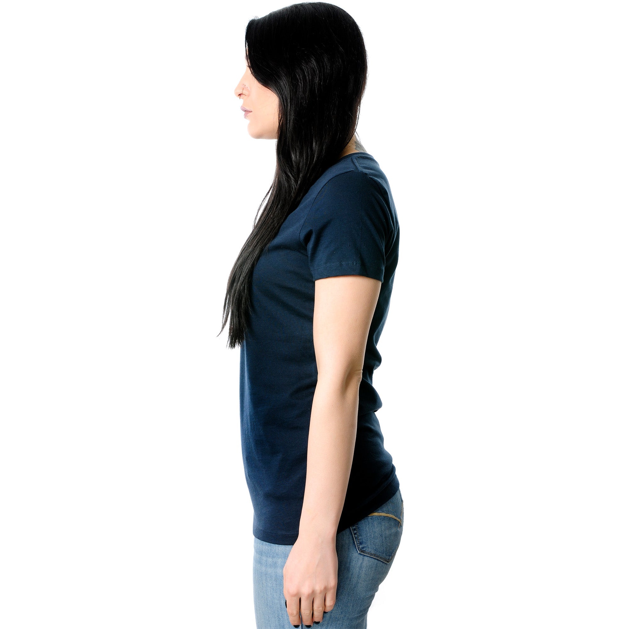 BodyCandy Guess Where I'm Pierced Navy Tapered V-Neck Tee Shirt — detail close-up
