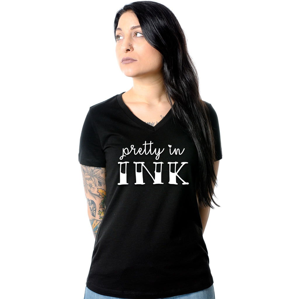 BodyCandy Pretty in Ink Black Tapered V-Neck Tee Shirt — detail close-up