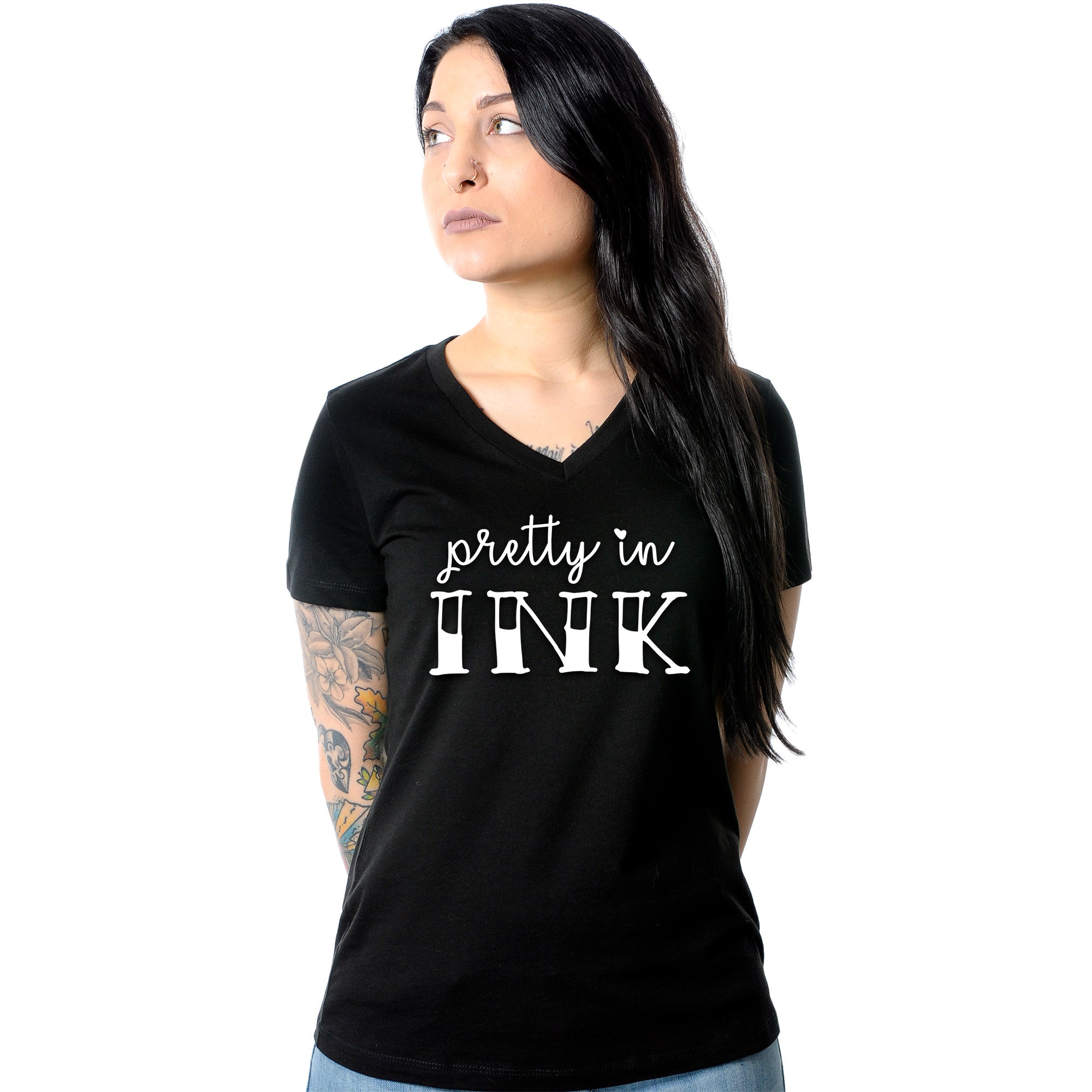 BodyCandy Pretty in Ink Black Tapered V-Neck Tee Shirt — detail close-up