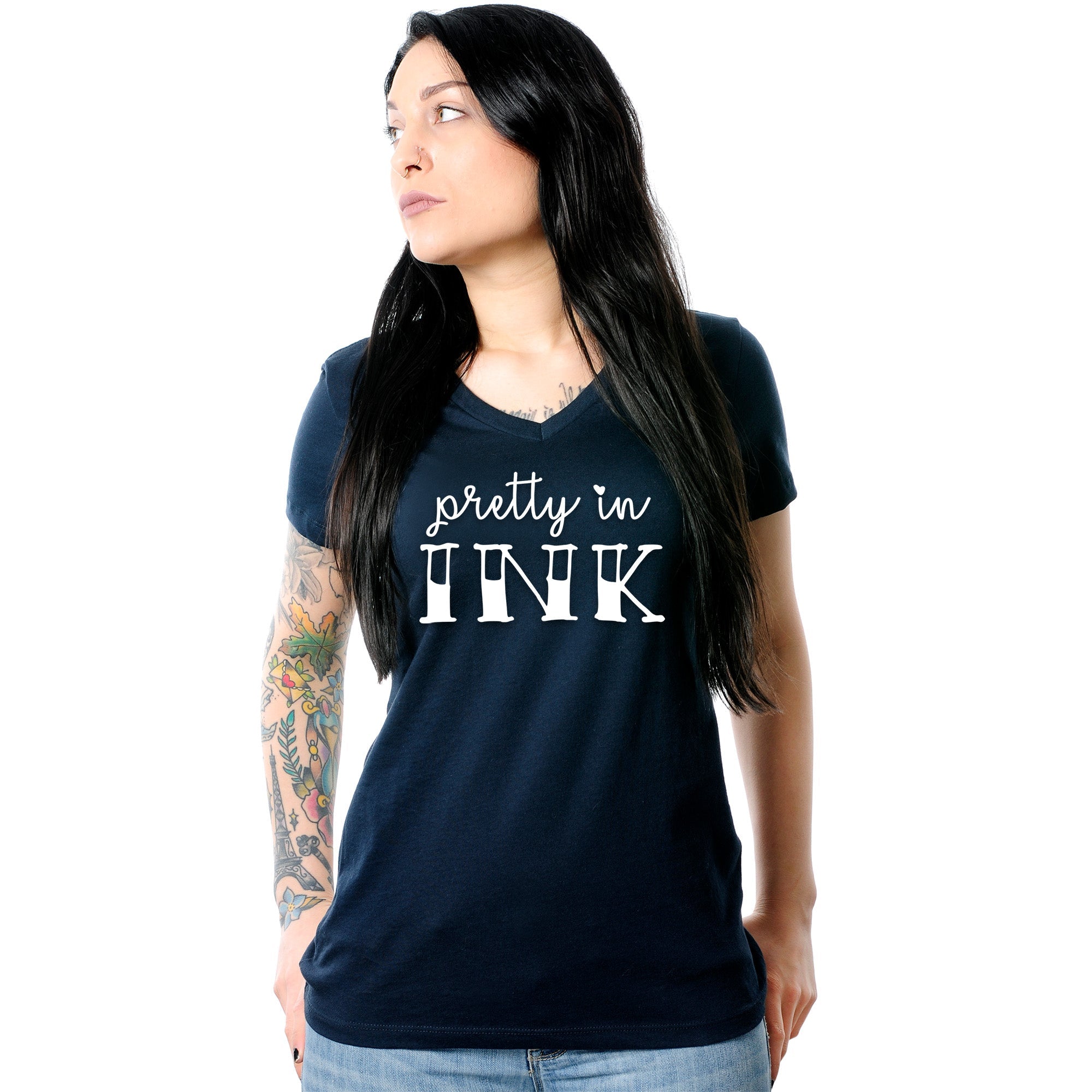BodyCandy Pretty in Ink Navy Tapered V-Neck Tee Shirt — main product shot