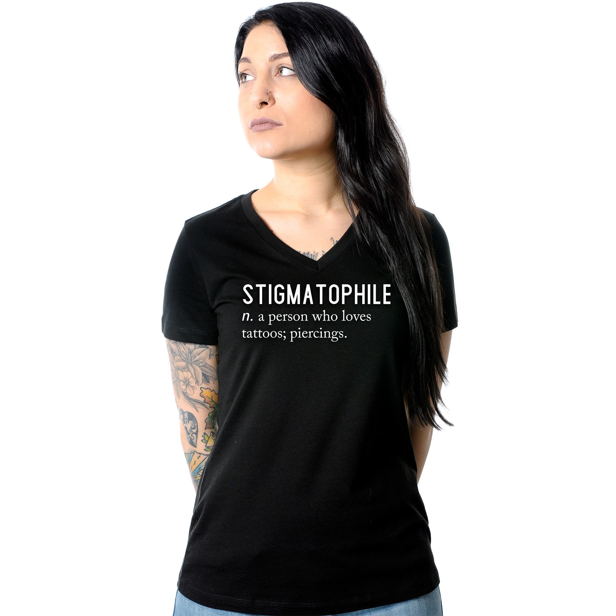 BodyCandy Stigmatophile n. a person who loves tattoos; piercings. Black Tapered V-Neck Tee Shirt — main product shot