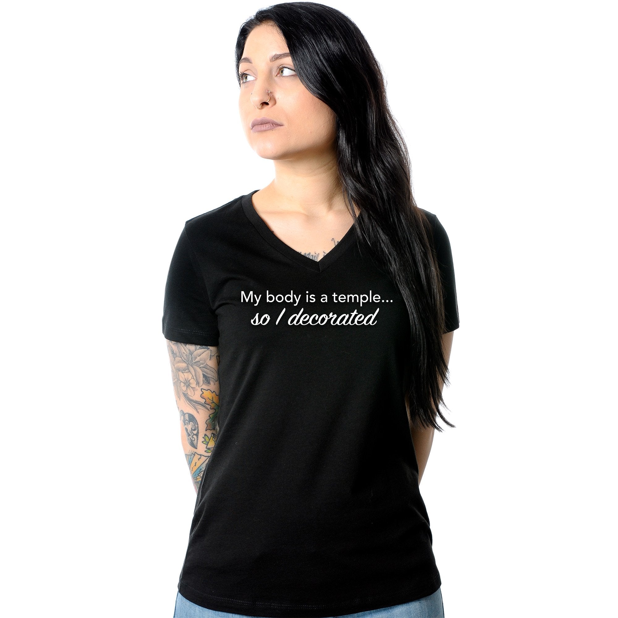 BodyCandy My Body is a Temple... So I Decorated Black Tapered V-Neck Tee Shirt — main product shot