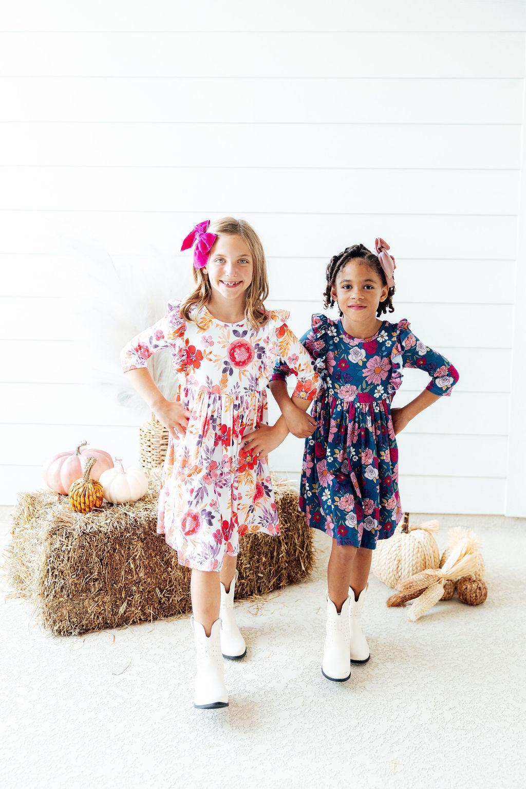 Mila & Rose ® Tangerine Leaves 3/4 Sleeve Ruffle Twirl Dress — detail close-up