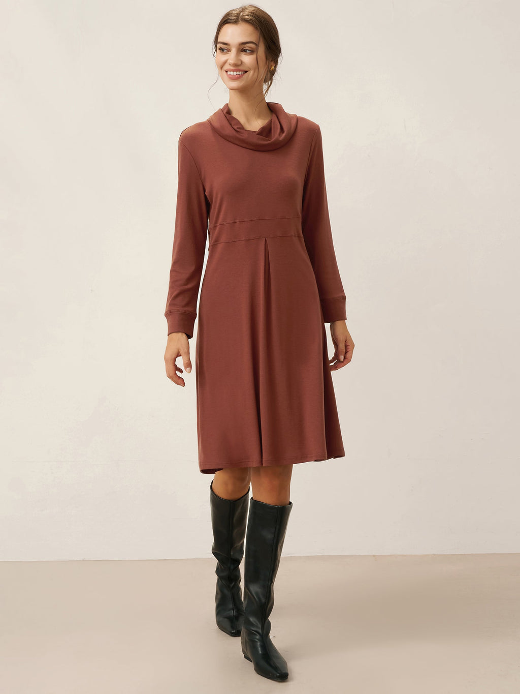 LINTICO LINTICO Lyocell Wool Draped Neck Stretch Midi Dress KIRA — lifestyle worn / used context