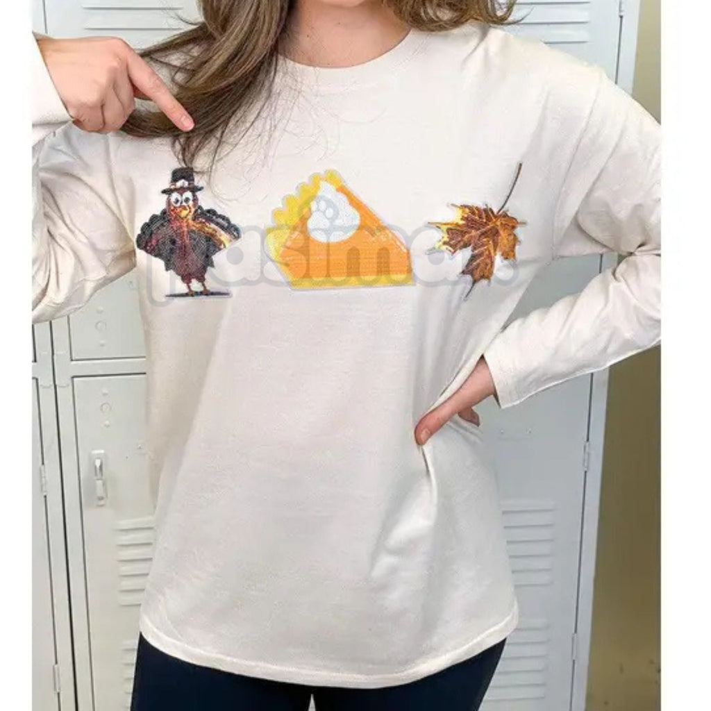 Pasimax Thanksgiving Sparkle Boyfriend Long Sleeve T-Shirt - Oversized Holiday Glitter Tee, Festive Turkey Day Comfort Top, U