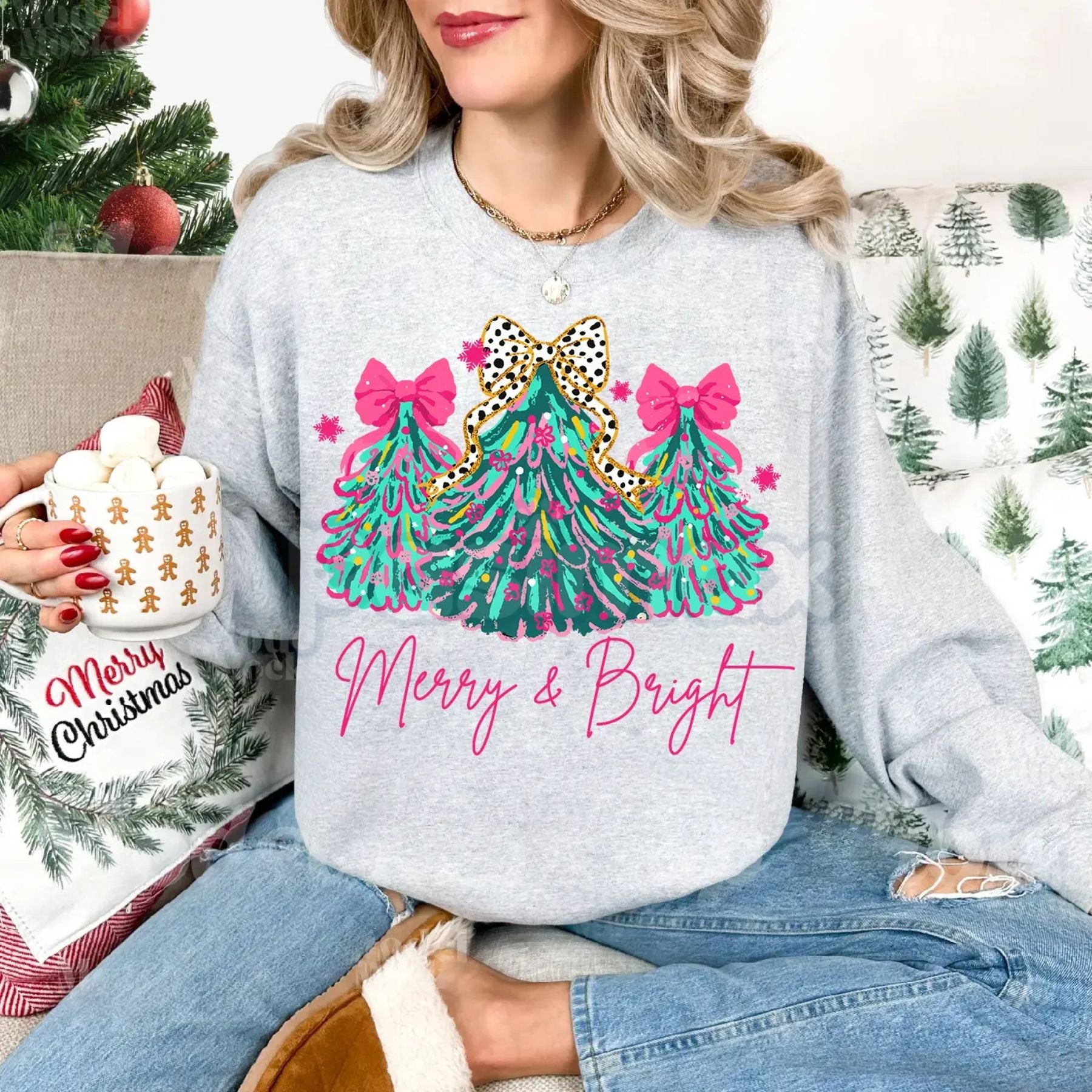 Pasimax The Pink Christmas Aesthetic: "Merry & Bright" Tree Sweatshirt with Festive Lights & Bows — main product shot