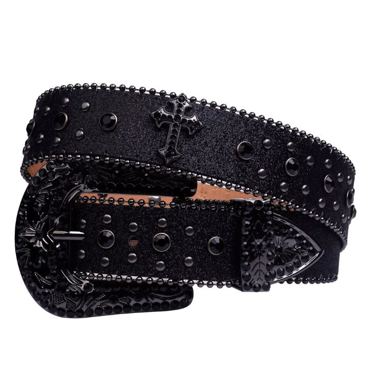 Rhinestone Belt Store Black Strap Cross Stones + Black Studs Rhinestone Western Belt with Cross Buckle — belt full product shot