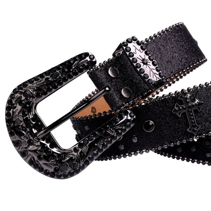 Rhinestone Belt Store Black Strap Cross Stones + Black Studs Rhinestone Western Belt with Cross Buckle — cross buckle buckle macro shot