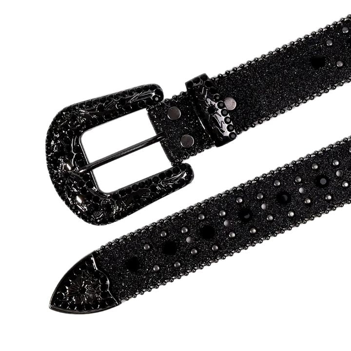 Rhinestone Belt Store Black Strap Cross Stones + Black Studs (Variant) Rhinestone Western Belt with Cross Buckle — cross stones + black studs (variant) rhinestone close-up detail