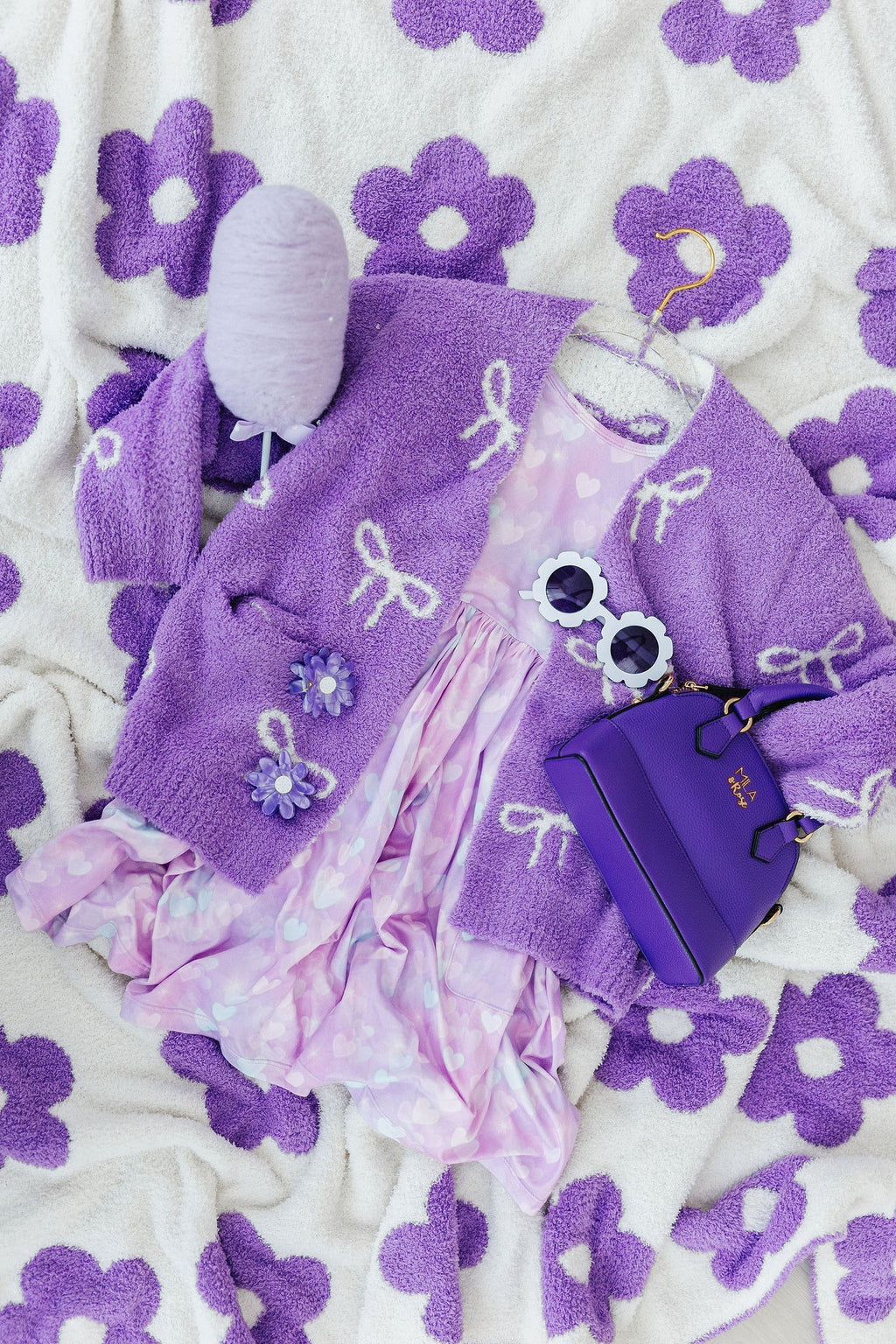 Mila & Rose ® Lilac/Coconut Bow Cozy Cardigan — back view