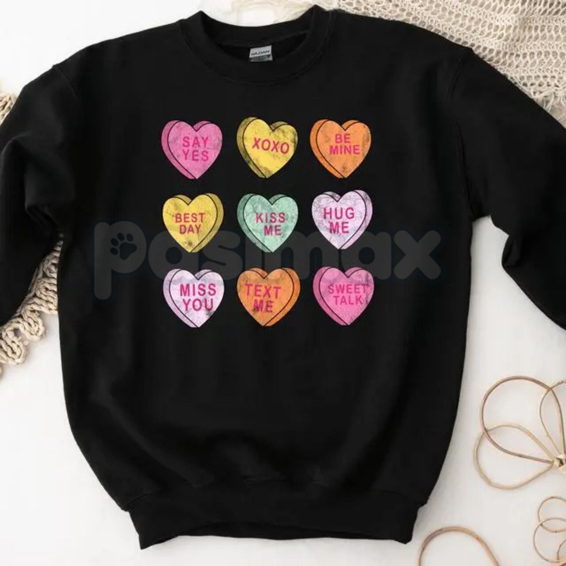 Pasimax Valentine’s Day Conversation Hearts Sweatshirt | Cute Pastel Heart Shirt | Cozy Valentines Crewneck for Women | Roman