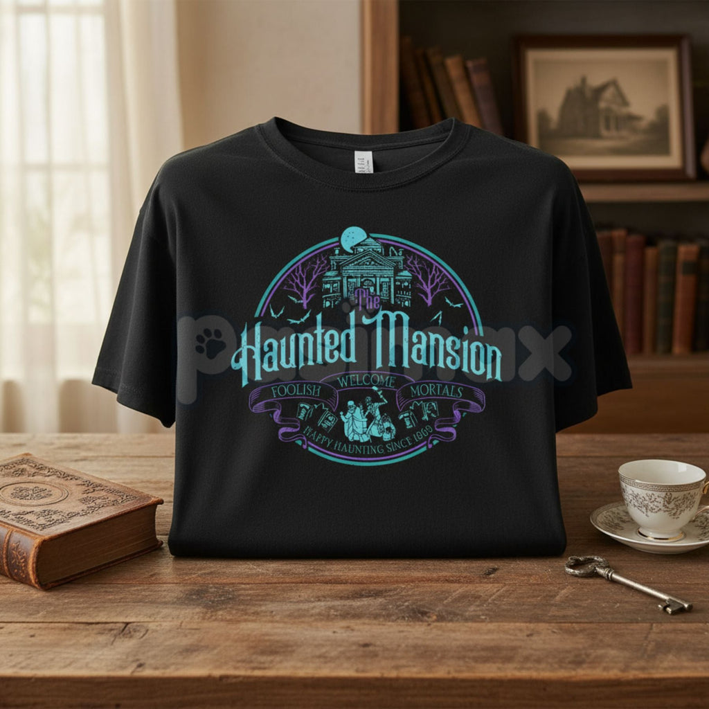 Pasimax Vintage Haunted Mansion Hitchhiking Ghosts T-Shirt - Retro Halloween "Welcome Foolish Mortals" Tee, Premium 100% Cott