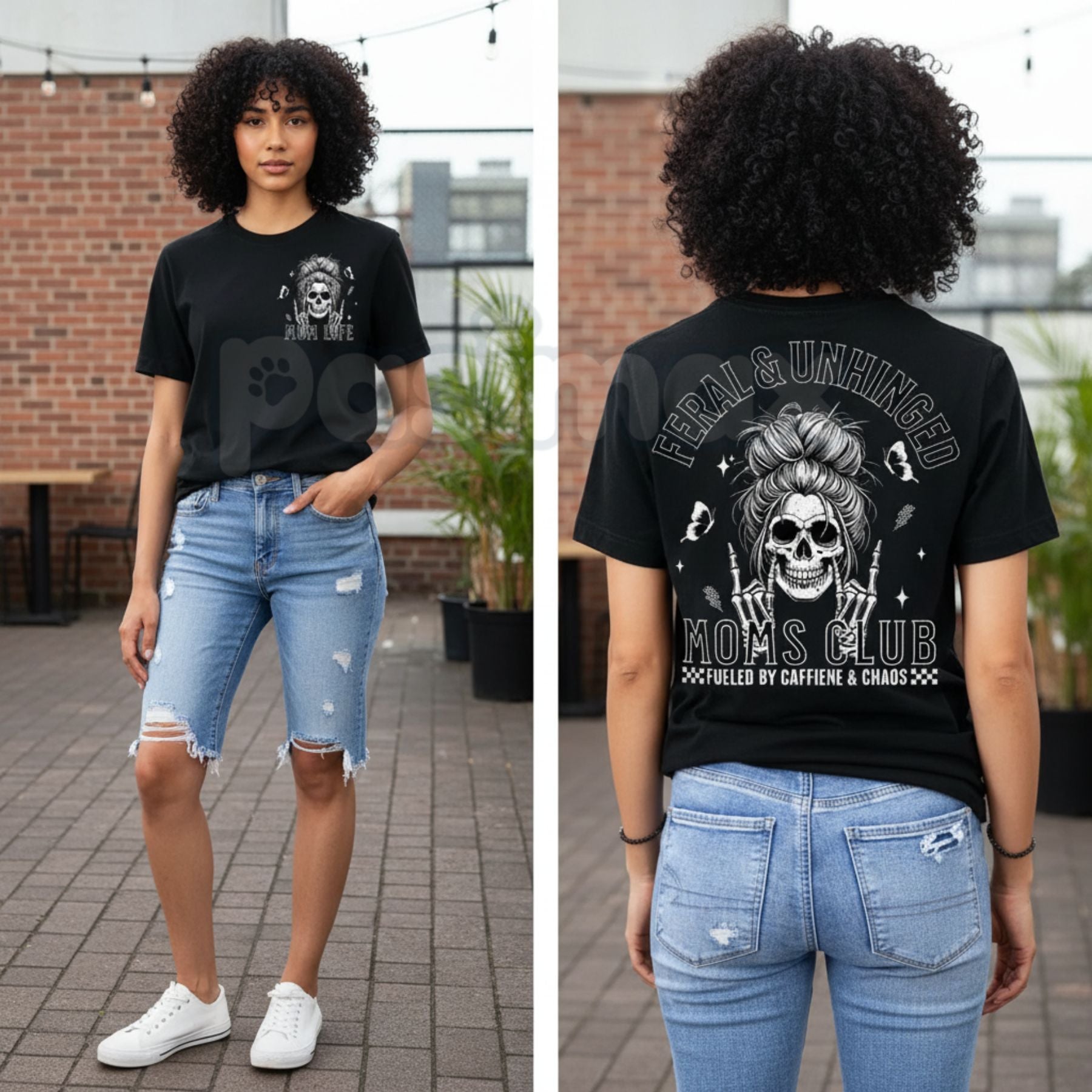 Pasimax Vintage Skeleton Coffee Mom T-Shirt - Feral and Unhinged Moms Club Grunge Tee, Premium 100% Cotton Gothic Motherhood 