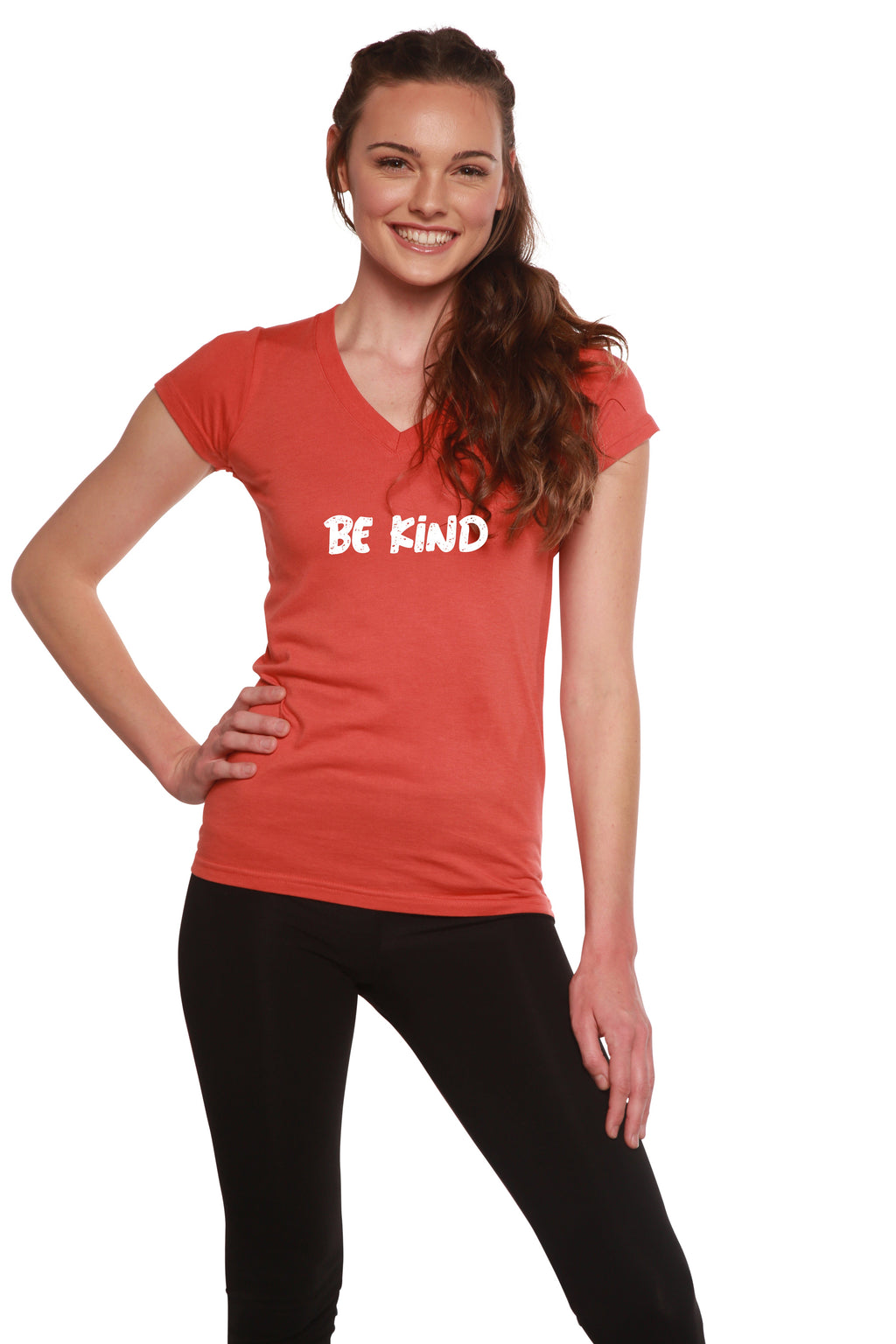 Spun Bamboo Be Kind Printed Women's Bamboo Viscose/Cotton V-Neck Cap Sleeve T-Shirt — side view