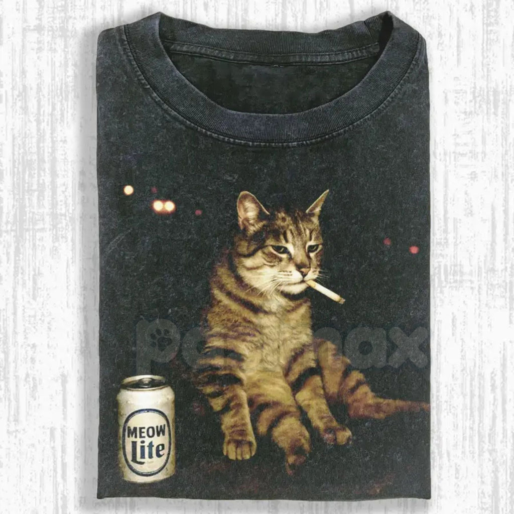 Pasimax Wacky Cat Printed Design Unisex Oversized T-Shirt – Vintage Washed Graphic Crew Neck Tee — main product shot