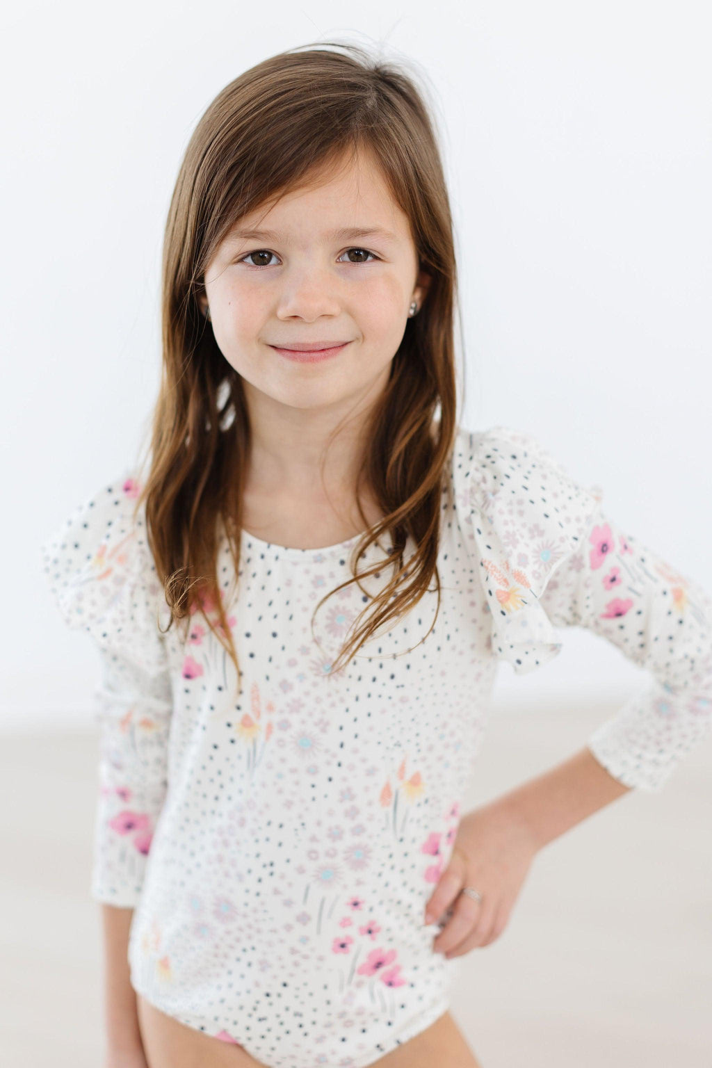 Mila & Rose ® Whimsical Wildflowers L/S Flutter Sleeve Leotard — detail close-up