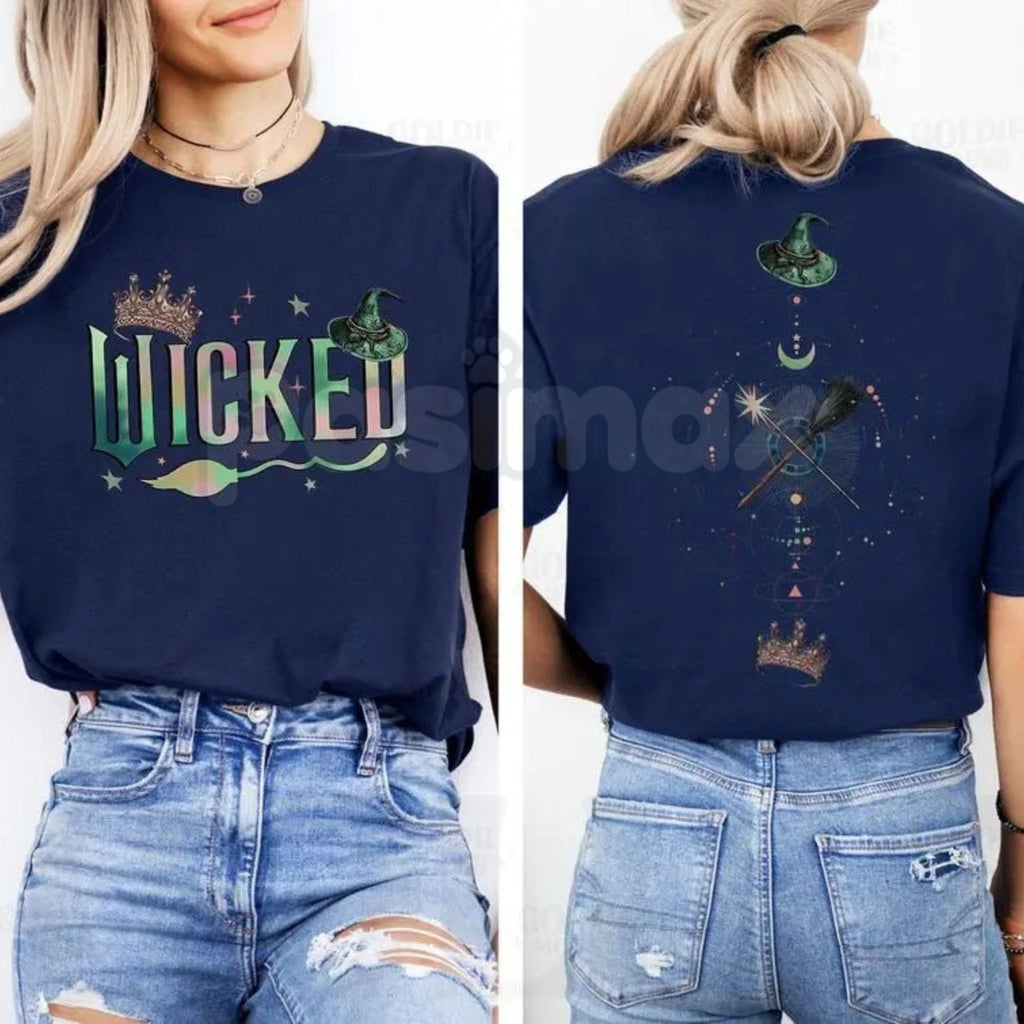 Pasimax Wicked Musical "Defy Gravity" Two-Sided T-Shirt - Broadway Fan Apparel, Elphaba Glinda Graphic Tee, Broomstick & Wand