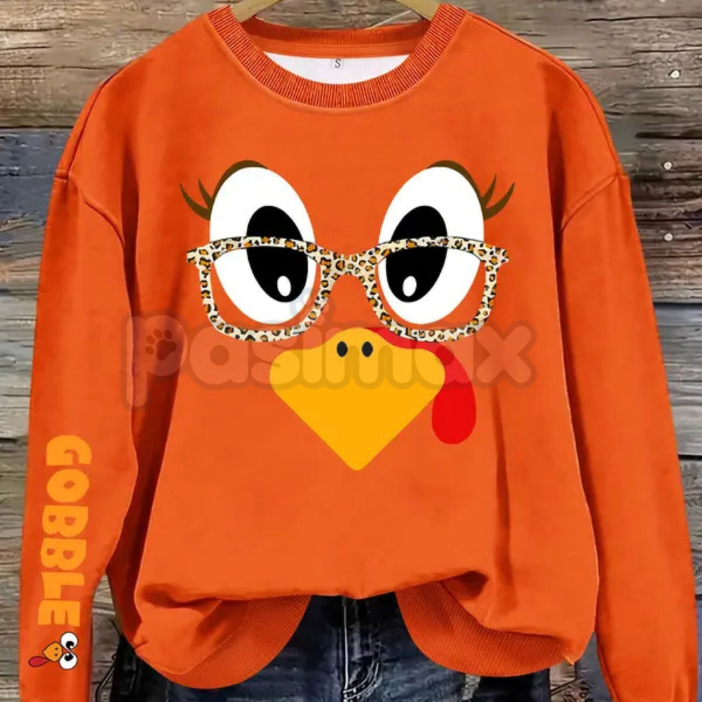 Pasimax Women's Casual Thanksgiving Turkey Print Pullover Sweater – Cozy Holiday Crewneck — main product shot