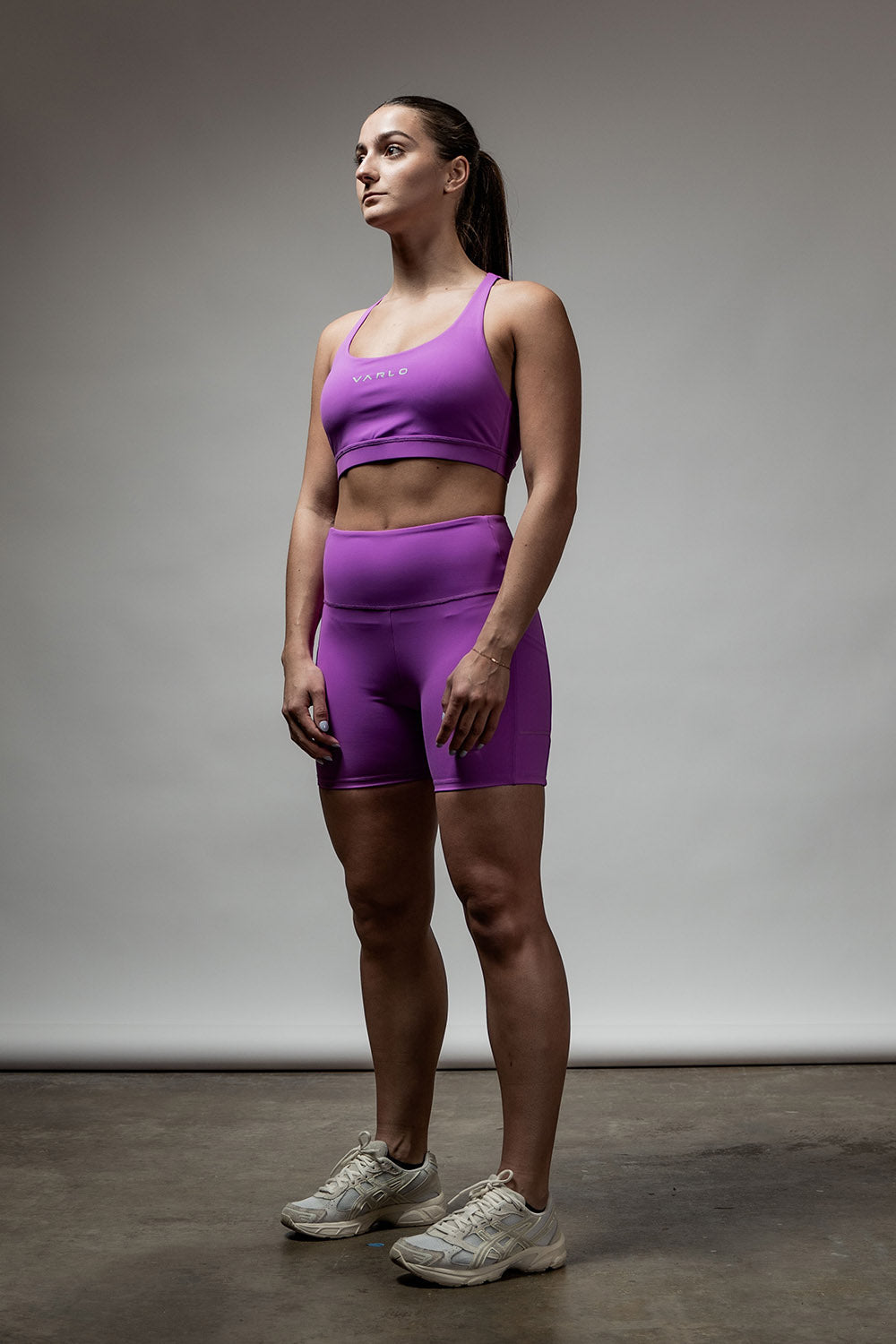 Varlo Women's SOHO Fitness Shorts 5" (Purple Muse) — Varlo branding close-up
