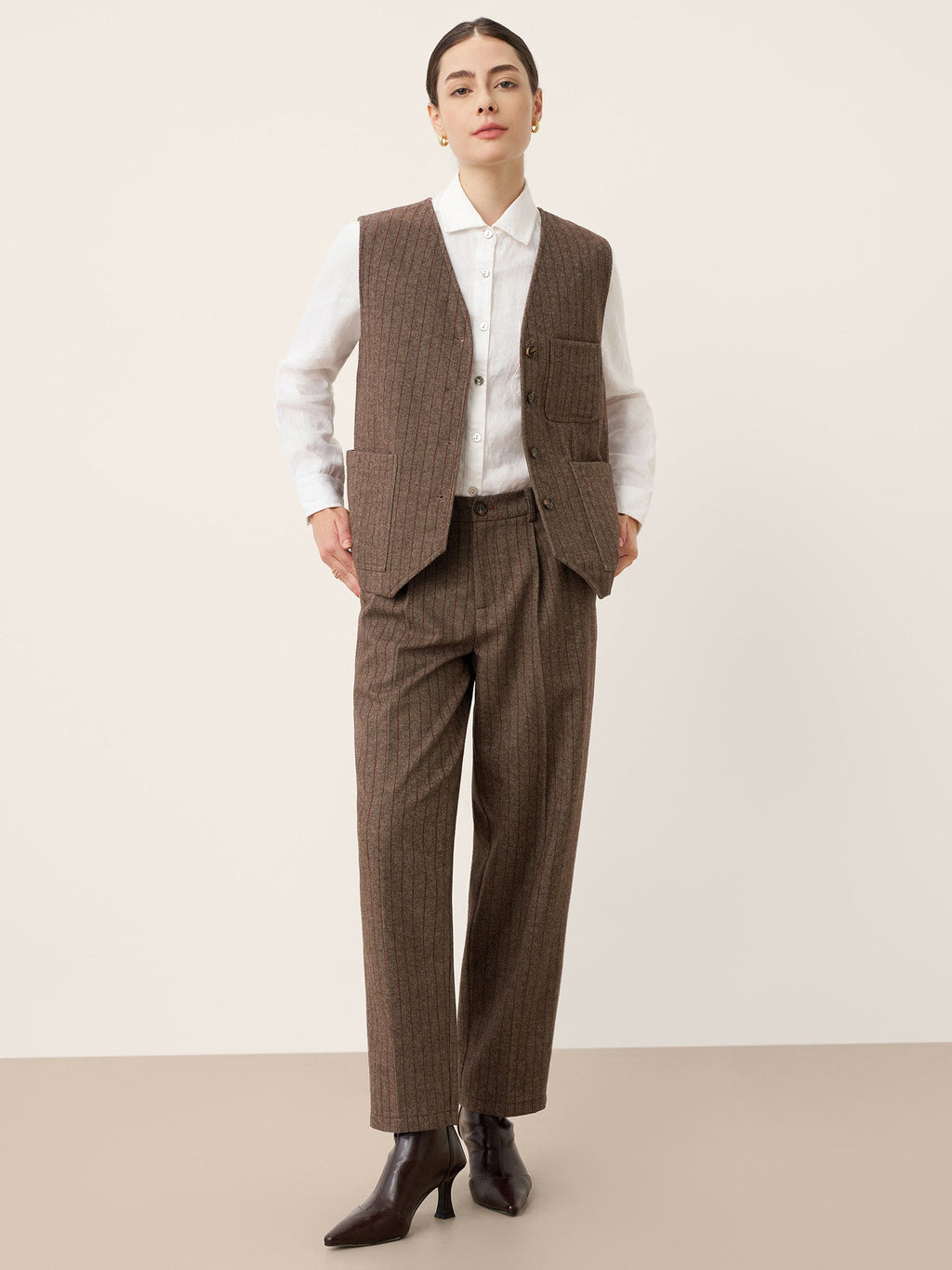 LINTICO LINTICO Wool Striped V-Neck Button-Detail Vest ELUNED — lifestyle worn / used context