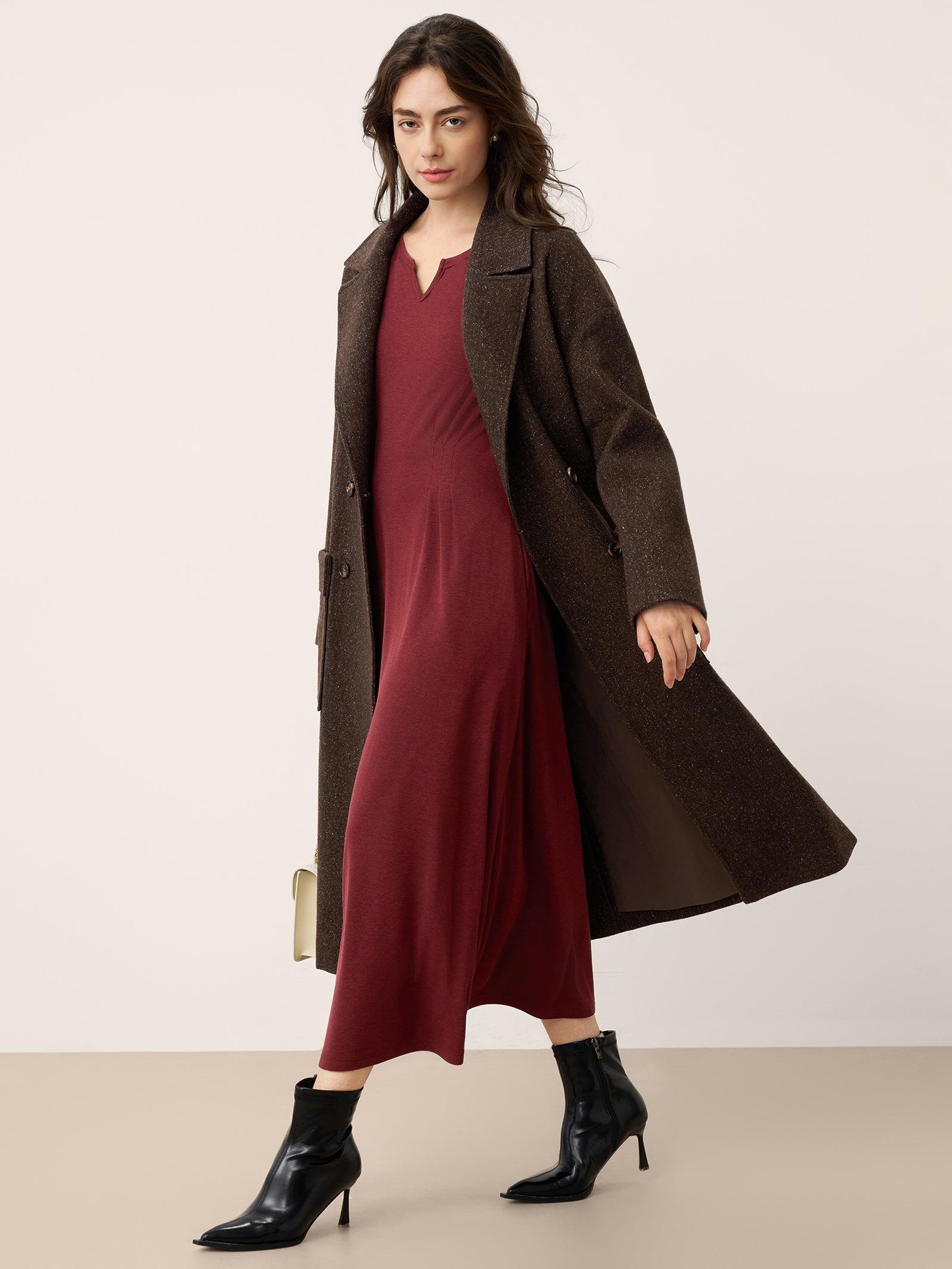 LINTICO Wool Lyocell Sculpted Inverted Pleat Midi Dress DARIA — lifestyle worn / used context