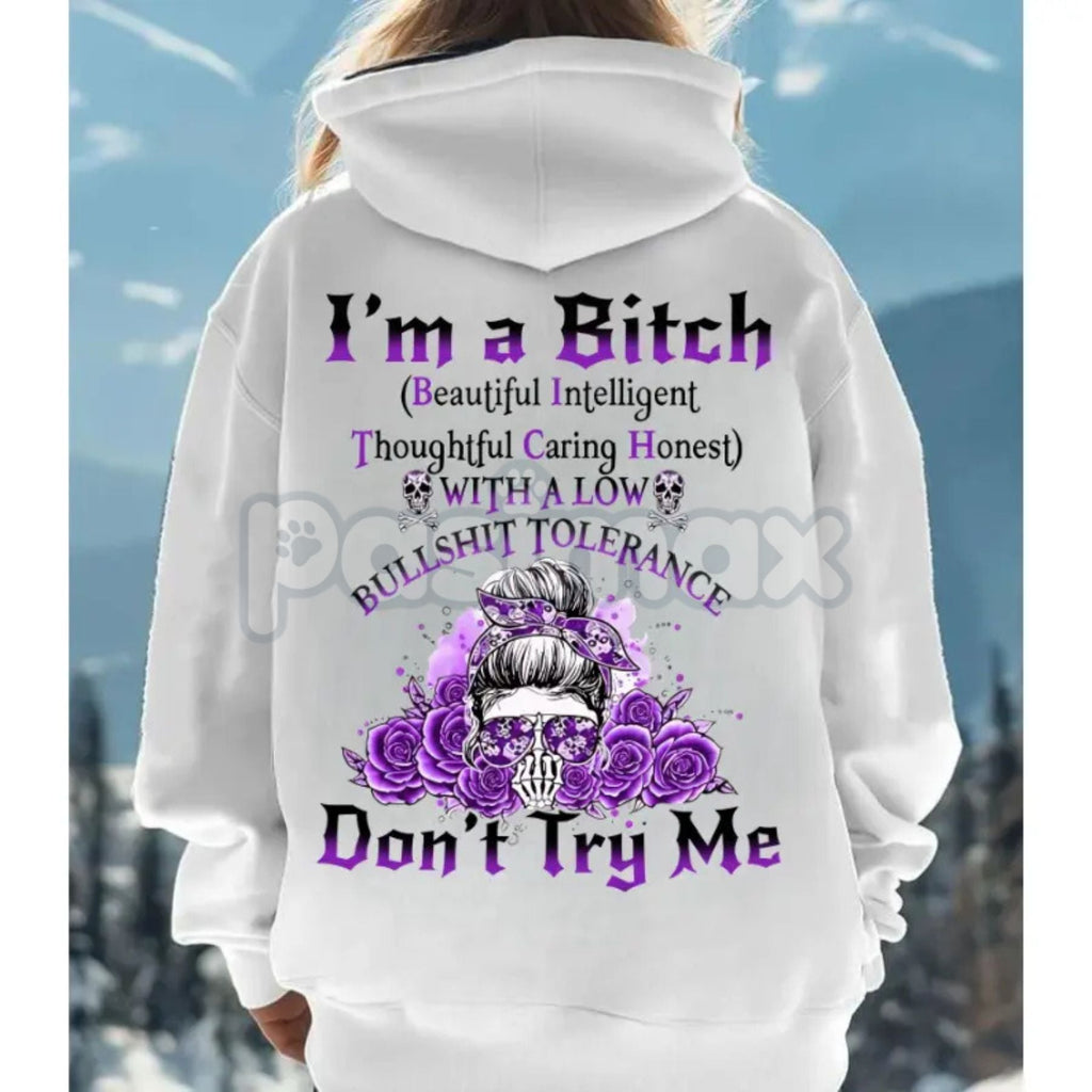 Pasimax "Yes I’m a B Flower Skull" All Over Print Hoodie – "Don't Try Me I'm The B*tch" Gen X Statement Pullover, Unisex Edgy