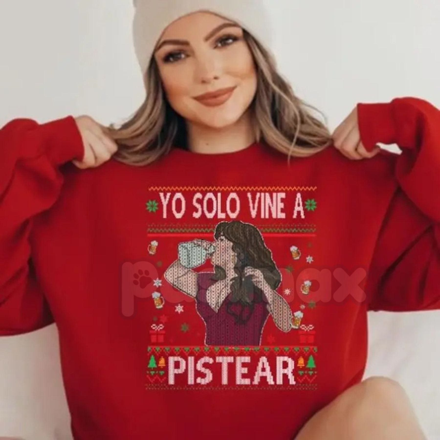 Pasimax "Yo Solo Vine A Pistear" Ugly Christmas Style Sweatshirt | Spanish Drinking Humor Holiday Party Jumper | Festive Fies