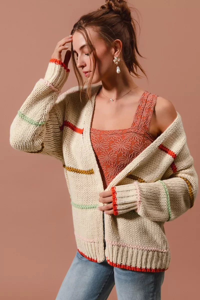 SO ME Loose Fit Multi Stripe Open Front Cardigan