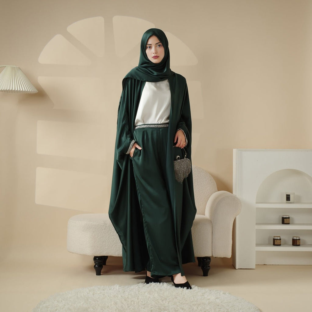 Mariam's Collection Abaya With Satin Shirt And Rhinestone Trousers | 4-Piece Set Abaya (MOA060) — detail shot 8