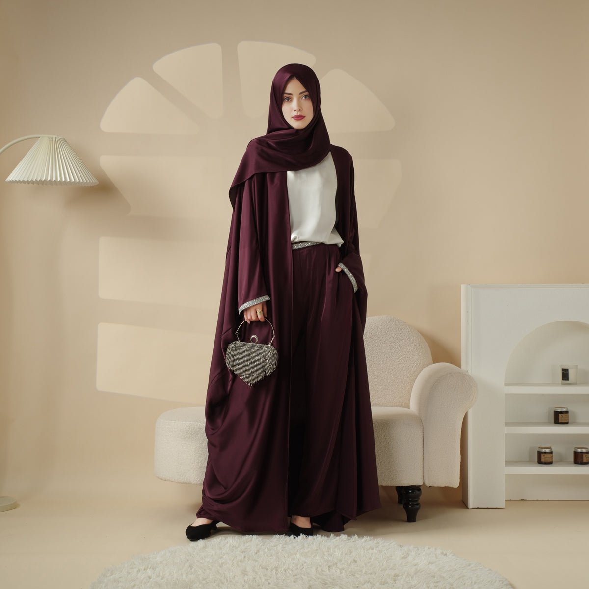 Mariam's Collection Abaya With Satin Shirt And Rhinestone Trousers | 4-Piece Set Abaya (MOA060) — construction detail