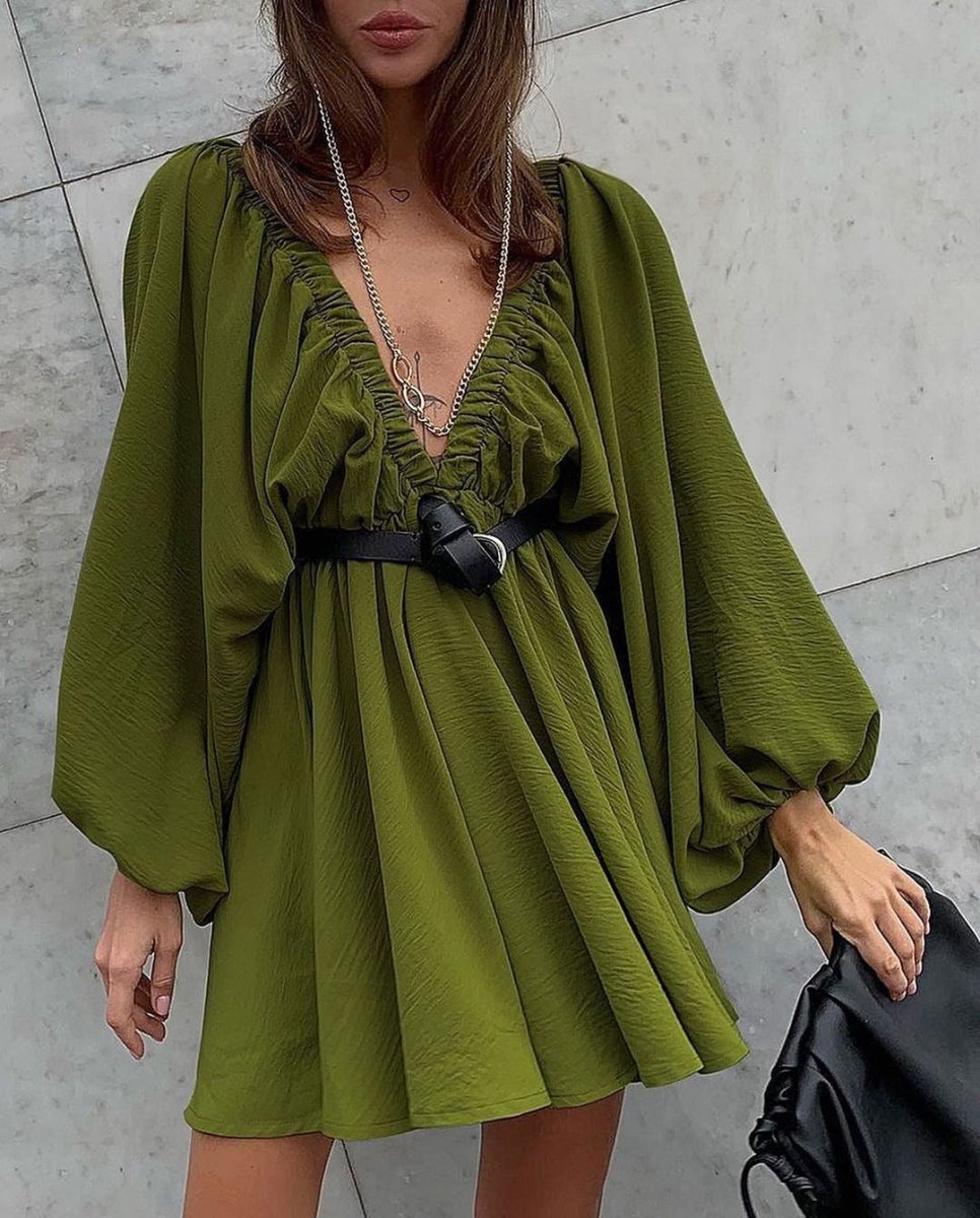 Fashionable V-neck Lantern Sleeve Dress for Women