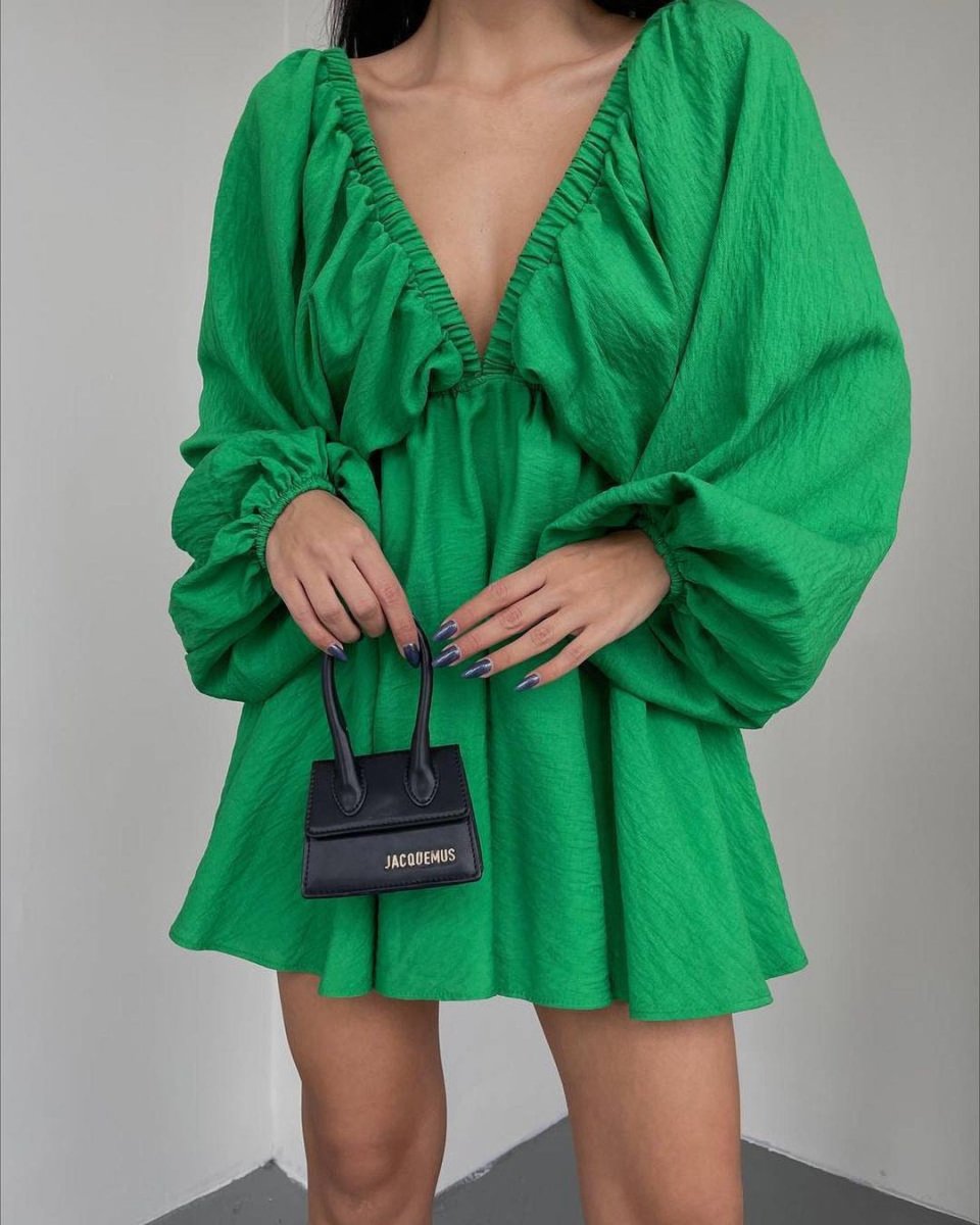 Fashionable V-neck Lantern Sleeve Dress for Women