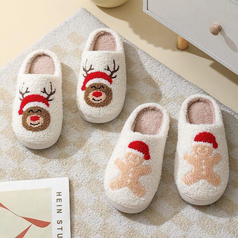 Santa Claus Cartoon Cotton Slippers - Warm Winter Furry Shoes for Couples