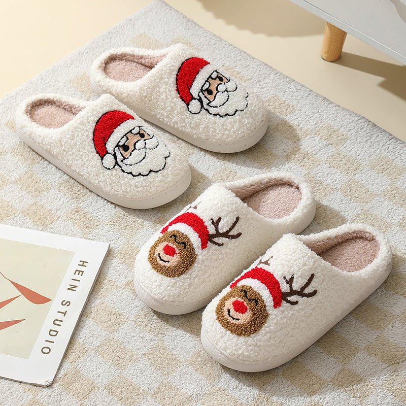 Santa Claus Cartoon Cotton Slippers - Warm Winter Furry Shoes for Couples