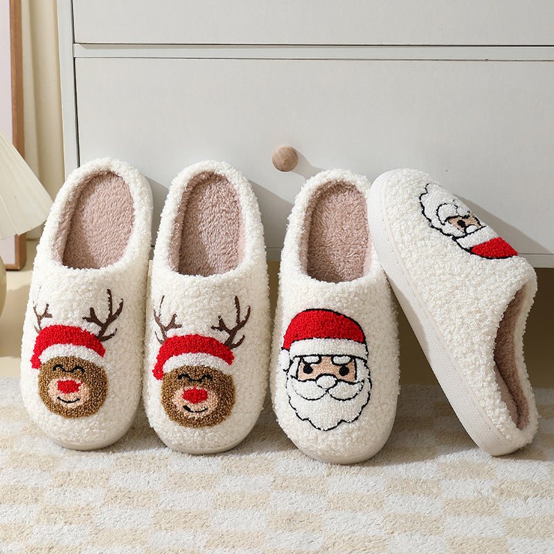 Santa Claus Cartoon Cotton Slippers - Warm Winter Furry Shoes for Couples