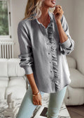 Striped Long Sleeve Shirt Fashion Ruffle Design Button Up Tops Casual Office Blouse Elegant Commuting Women's Clothing
