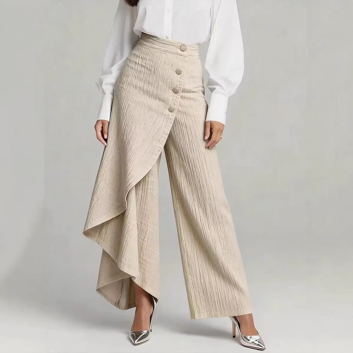 Unique Straight-leg Pants Fashion Large Ruffled Buttons Trousers Women's Faux Jeans Clothing