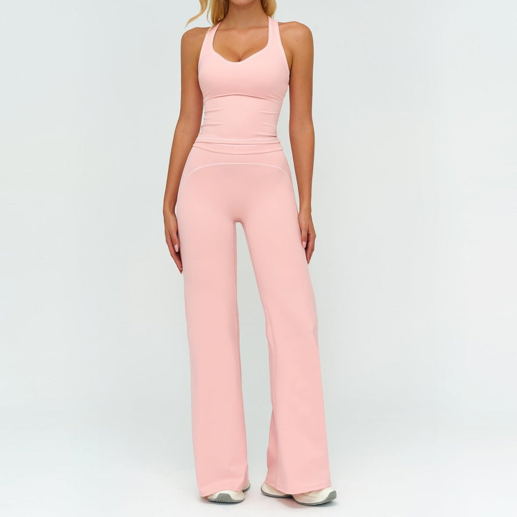 Womens Yoga Set V-neck Sleeveless Tops And Slim Straight Pants Summer Gym Sports Clothing