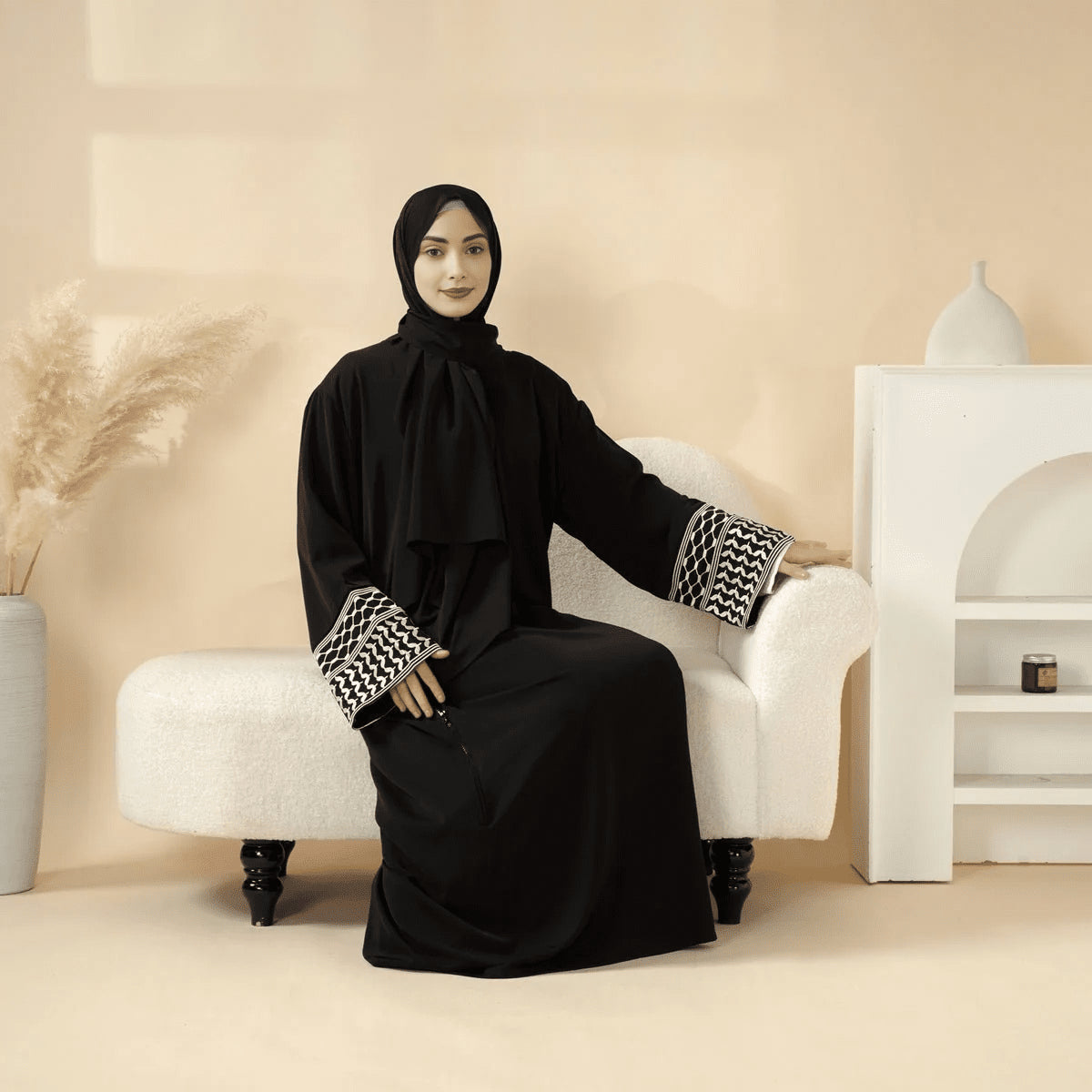 Archive Piece Keffiyeh-Embroidered Cuff Integrated Hijab Prayer Abaya - MP050 (Size Free Size Only)