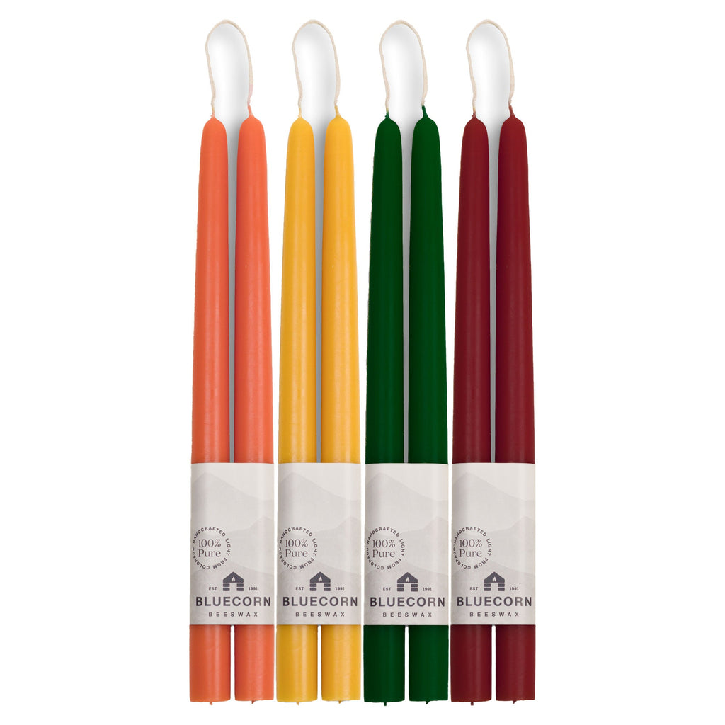 Bluecorn Candles Autumn Beeswax Taper Bundle - Raw, Moss, Burgundy & Apricot — main product shot