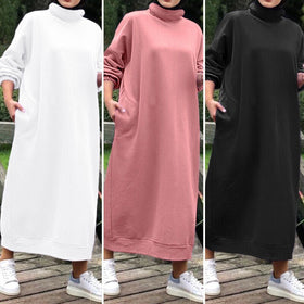 Autumn Winter  Lined Turtleneck Maxi Dress | Casual Sweatshirt Dress with Elastic Cuffs (MS138)