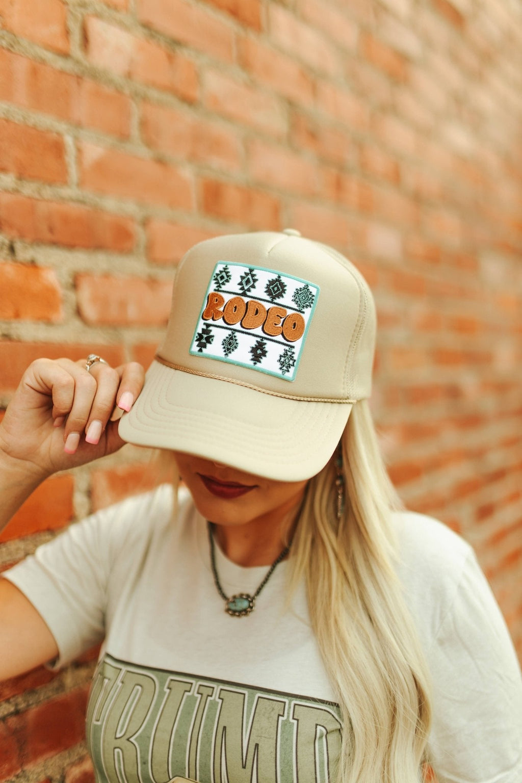 Wild Junkie Aztec Rodeo Patch Trucker Hat — detail close-up