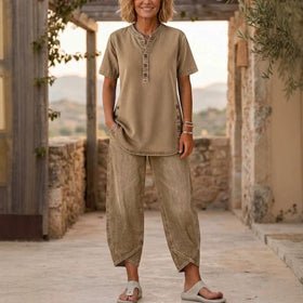 Women's Lapel Button-Up Top & Pants Two-Piece Set – Three-Quarter Sleeve