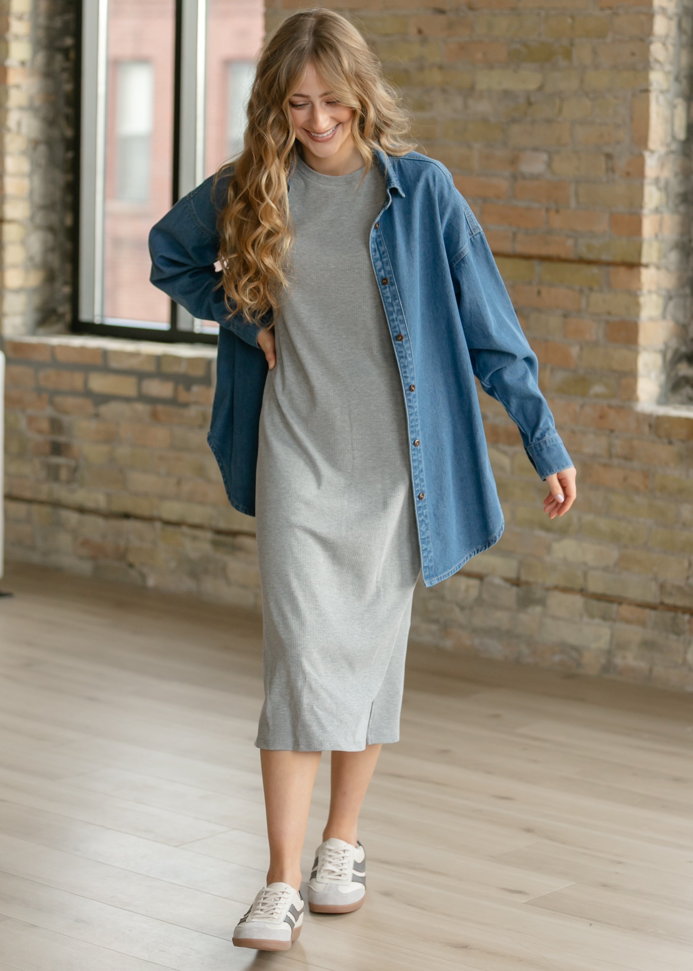 Inherit Co. Baylor Gray Ribbed T-shirt Dress — detail close-up