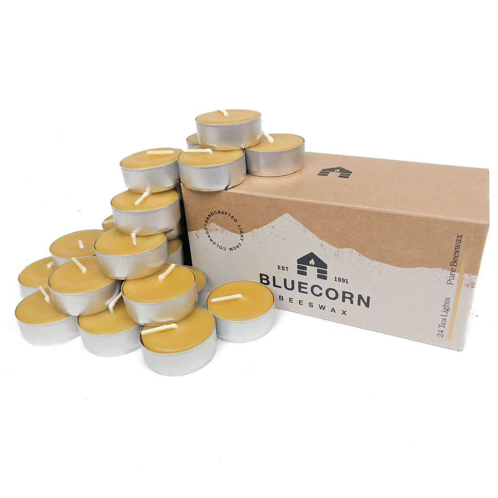 Bluecorn Candles Pure Beeswax Tea Light Candles — flat-lay composition